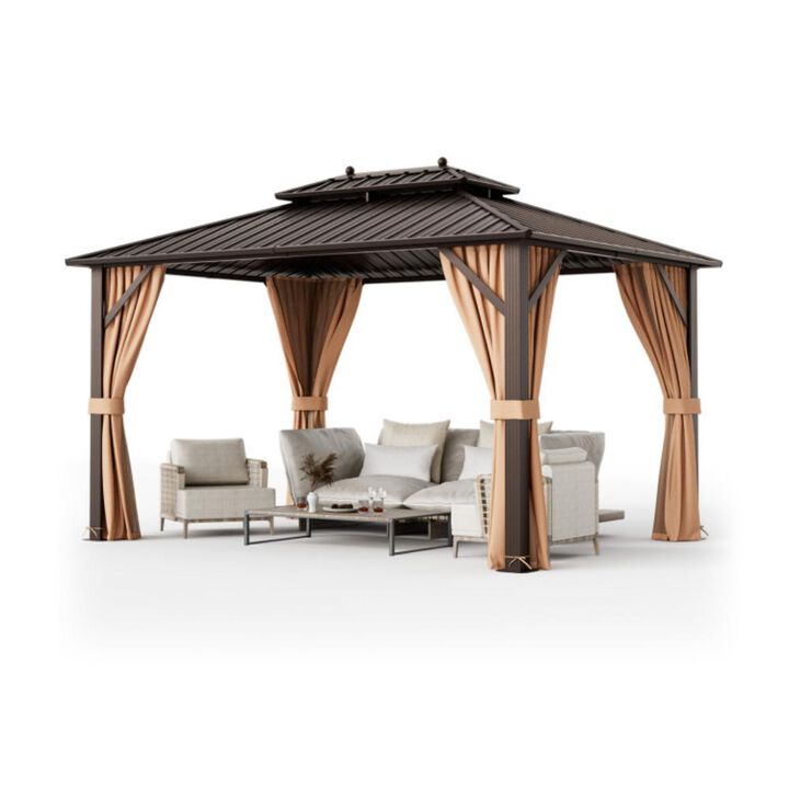 Hivvago 10x13ft Double-Roof Patio Hardtop Gazebo with Galvanized Steel Roof Netting and Curtains-Coffee