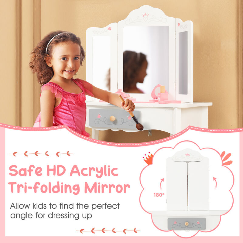 Kids Vanity Set with Tri-Folding Mirror – Girls' Makeup Table with Storage and Chair