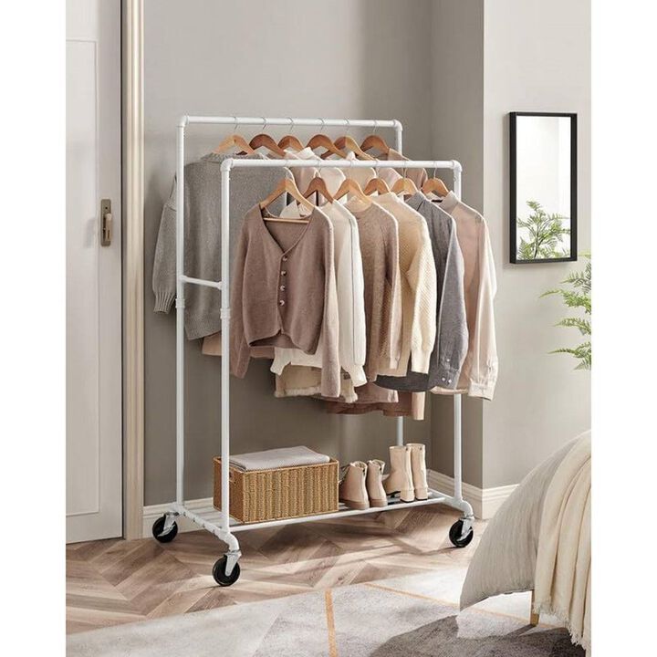 Heavy Duty Rustic Pipe Double-Rail Clothes Garment Rack with Locking Wheels