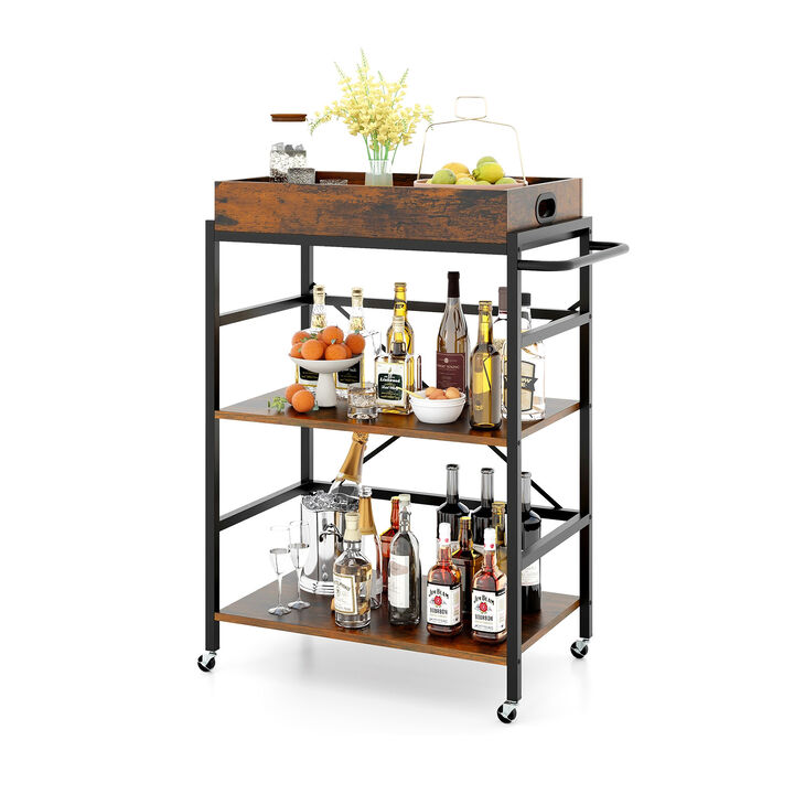 3-Tier Industrial Bar Cart with Detachable Tray for Kitchens-Rustic Brown 3-Tier Industrial Bar Cart with Detachable Tray for Kitchens-Rustic Brown