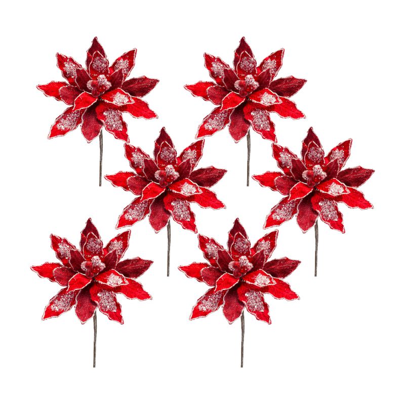 Velvet Poinsettia Stem with Bead Accents Festive Holiday Floral Decoration (Set of 6)