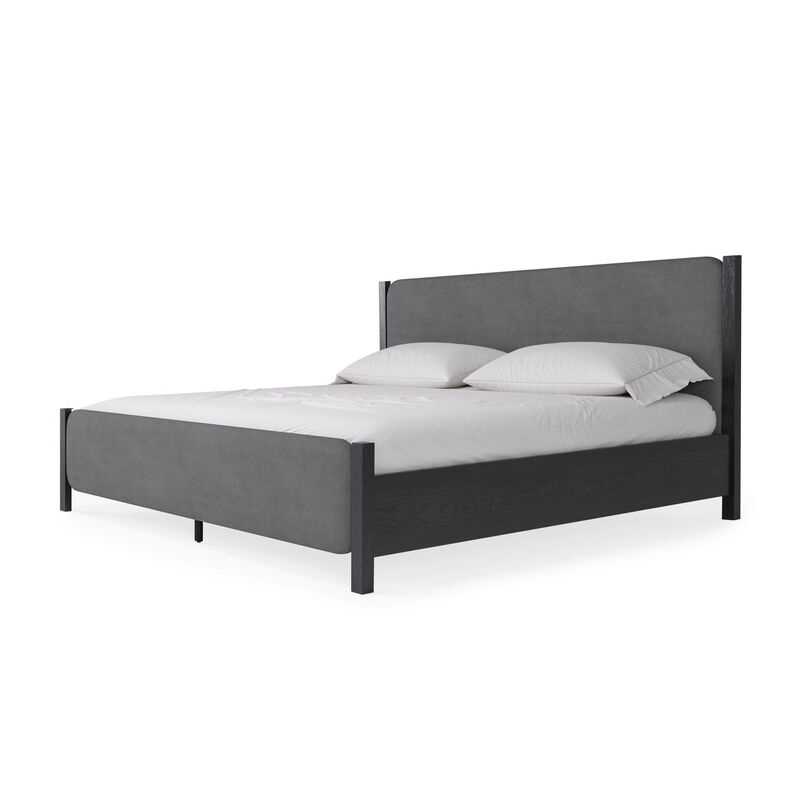 Cave Queen Bed, Velvet Upholstery, Squared Posts, Dark Gray Mahogany Wood - Benzara