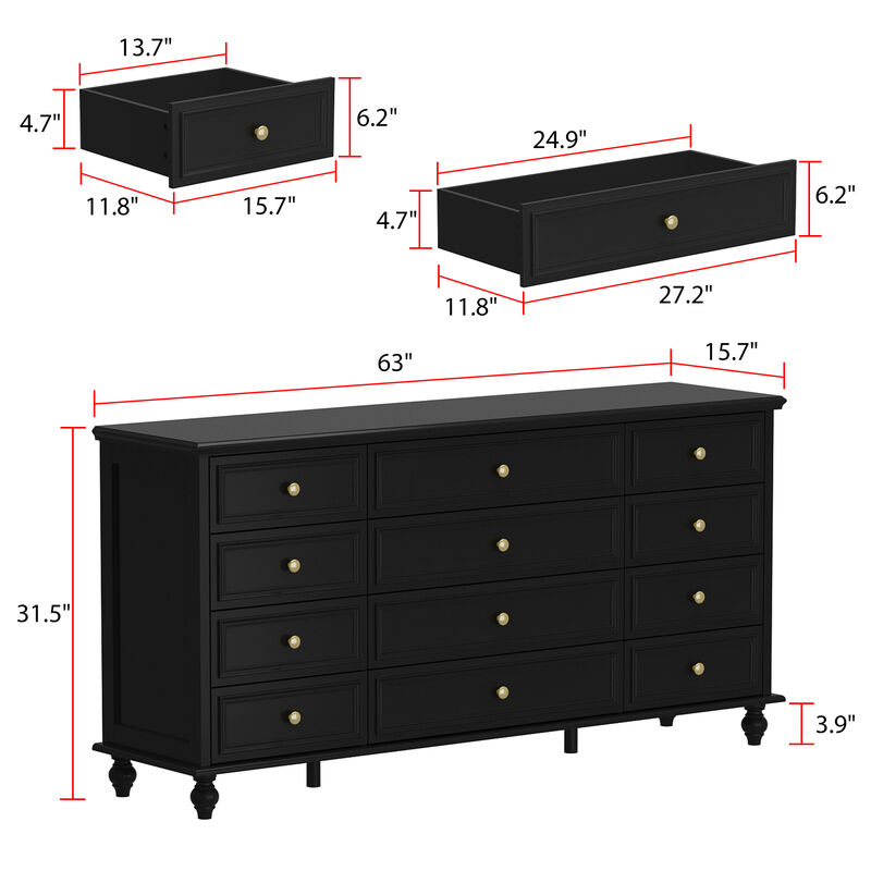 Black Wooden 12-Drawer Chest of Drawers 63 in. W x 31.5 in. H x 15.7 in. D Dresser, Modern European Style