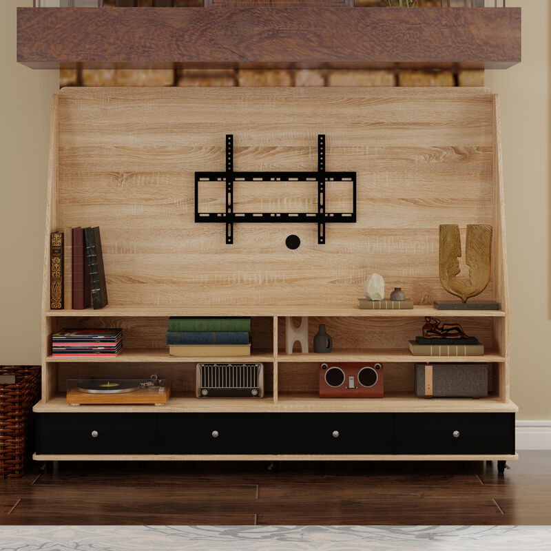 FUFU&GAGA Modern TV Stand with Storage and TV Mount, P2 MDF, with Black Drawers and Casters (70.1" W x 54.7" H x 15.7" D), Oak and Black