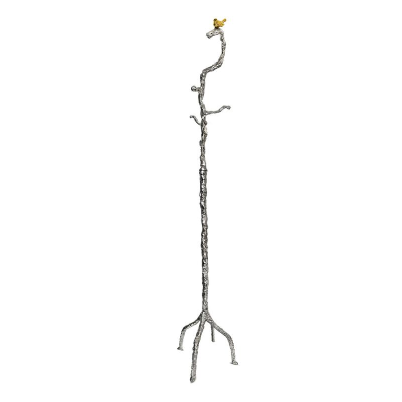 71 Inch Modern Aluminum Coat Stand, Branch Accent, Perched Bird, Silver - Benzara