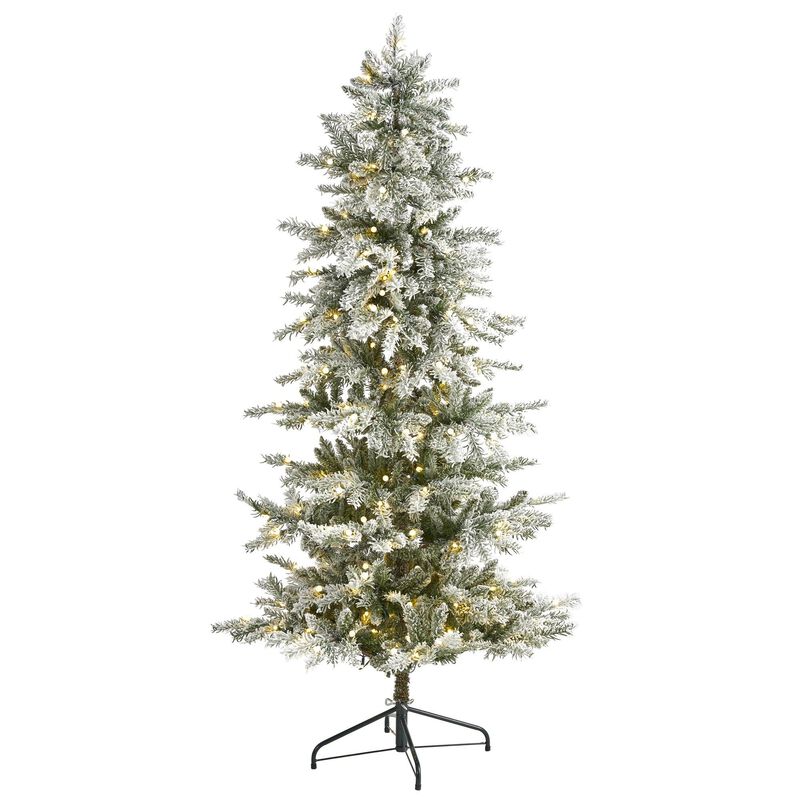 Nearly Natural Slim Flocked Nova Scotia Spruce Artificial Christmas Tree with Warm White LED Lights and Bendable Branches