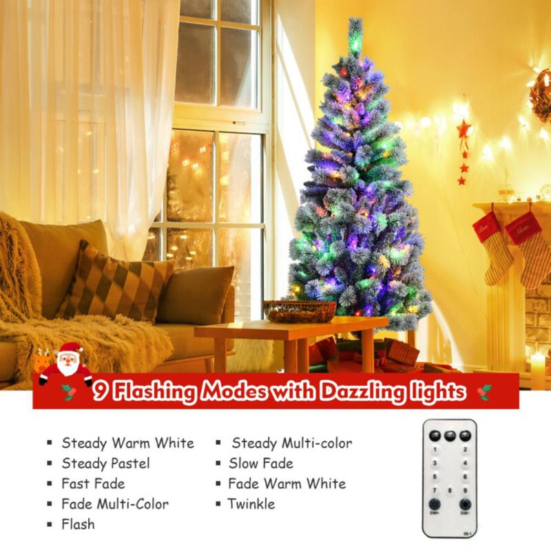 Hivvago 5/6/7.5/8 Feet Pre-lit Snow Flocked Christmas Tree with 9 Lighting Modes