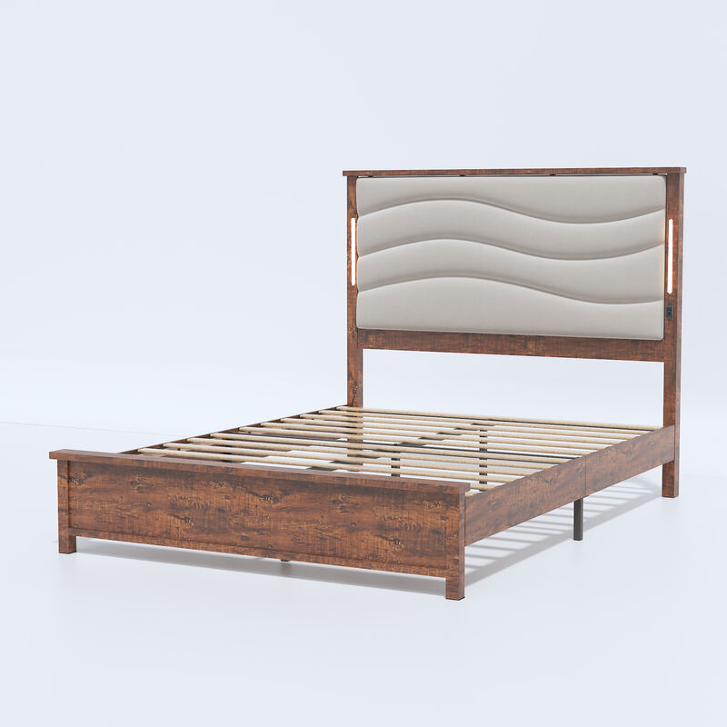 Bed Frame with Upholstered Headboard, Bed Frame with Charging Station and LED Lights, Wood Slats, Beige Linen, No Box Spring Needed, Easy Assembly