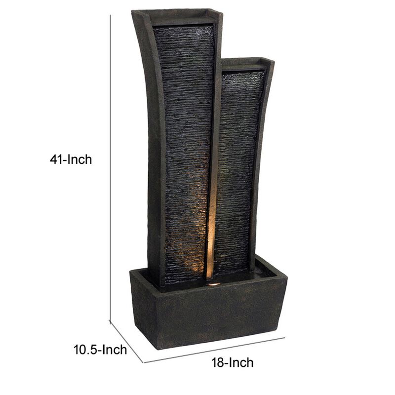 41 Inch Tower Water Fountain, Tall Rectangular Rock, Halogen Light, Gray - Benzara