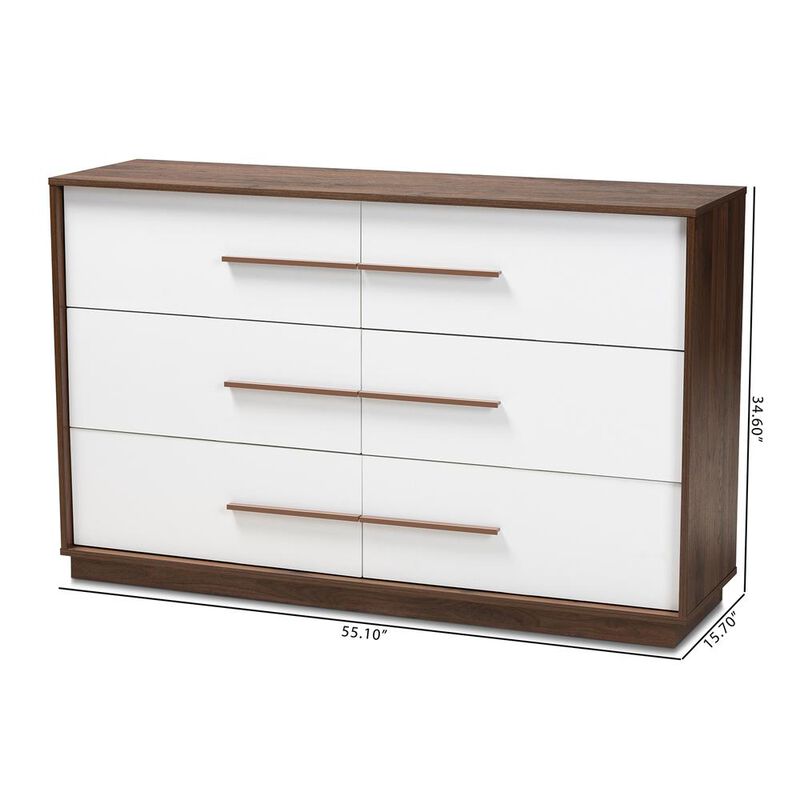 Baxton Studio Mette Mid-Century Modern White and Walnut Finished 6-Drawer Wood Dresser