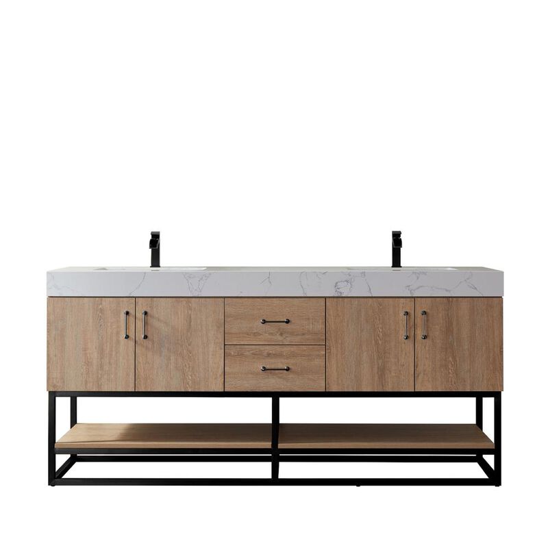Vinnova Design 72B Double Vanity with White Grain Stone Countertop Without Mirror