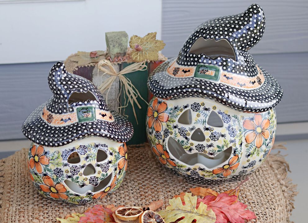 Blue Rose Polish Pottery Large Scarecrow Pumpkin Luminary