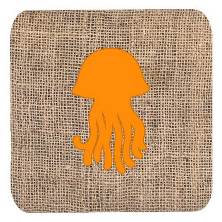 Caroline's Treasures BB1091-BL-OR-FC Jellyfish Burlap and Orange Foam Coasters (Set of 4), 3.5 H x 3.5 W, Multicolor