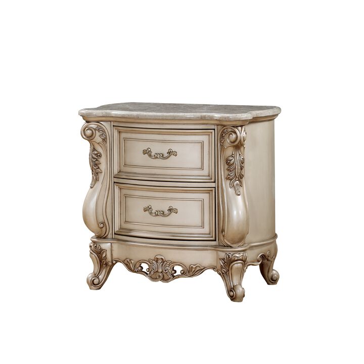 2 Drawer Nightstand With Raised Scrolled Floral Moulding, White-Benzara