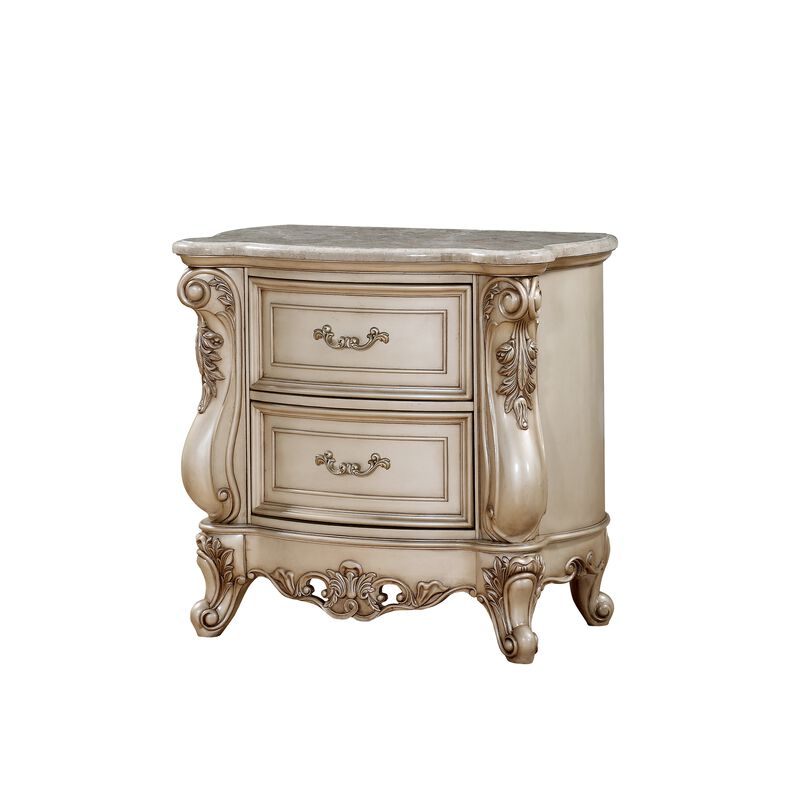 2 Drawer Nightstand With Raised Scrolled Floral Moulding, White-Benzara