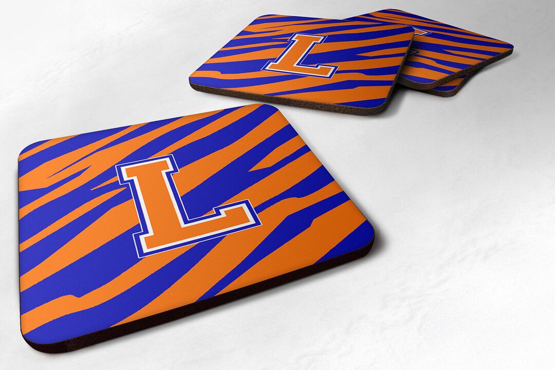 Caroline's Treasures CJ1023-LFC Monogram-Tiger Stripe-Blue Orange Foam Coasters (Set of 4), Initial Letter L, 3.5 H x 3.5 W, Multicolor