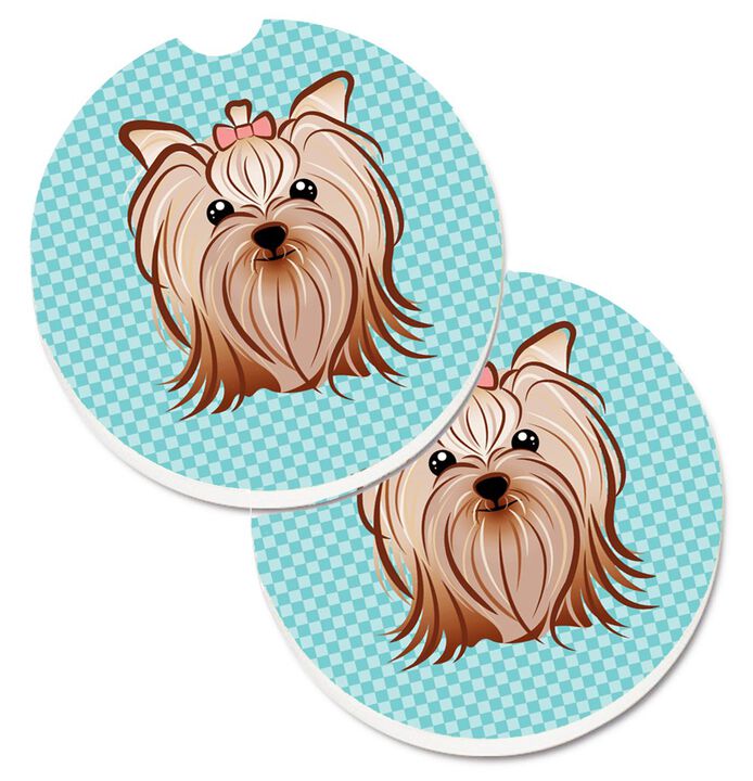 Caroline's Treasures Checkerboard Blue Yorkie Yorkishire Terrier Set of 2 Cup Holder Car Coasters BB1142CARC, 2.56, Multicolor