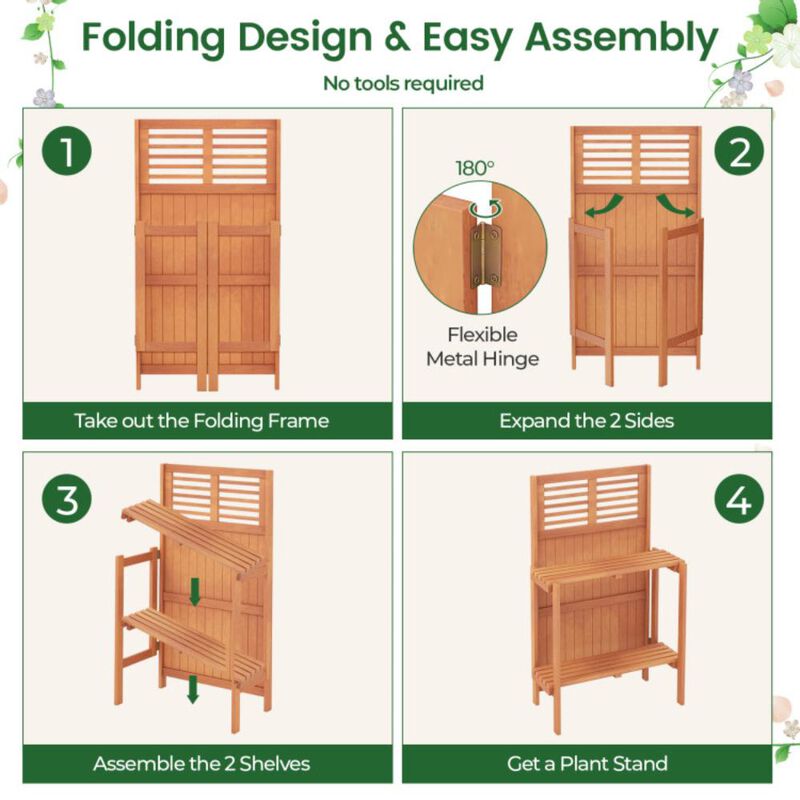 Hivvago Folding Garden Potting Bench with 2-tier Storage Shelves and Teak Oil Finish for Garden Yard Balcony