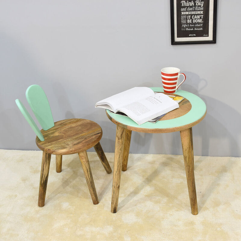 Handmade 100% Mango Wood Kids Light Green Color Round Shaped Rabbit Theme Indoor Table & Chair