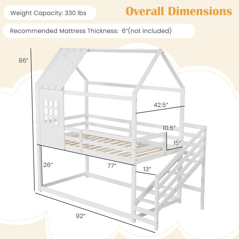 Twin House Bed with Stairs and Roof for Kids