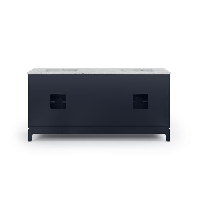 Elizabeth 72 In. Double Sink Carrara White Marble Countertop Bath Vanity In Monarch Blue with Satin Gold Hardware