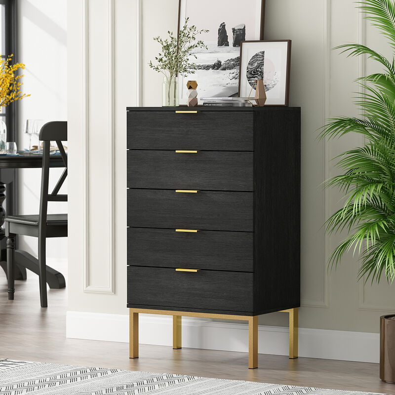 5-Drawer Black Wood Chest of Drawer Accent Storage Cabinet Organizer W/ Metal Leg 44.1 in. H x 23.6 in. W x 15.7 in. D