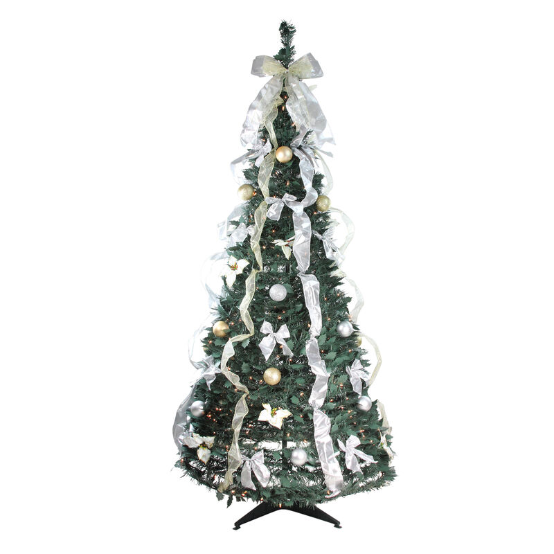 6' Pre-Lit Silver and Gold Pre-Decorated Pop-Up Artificial Christmas Tree  Clear Lights