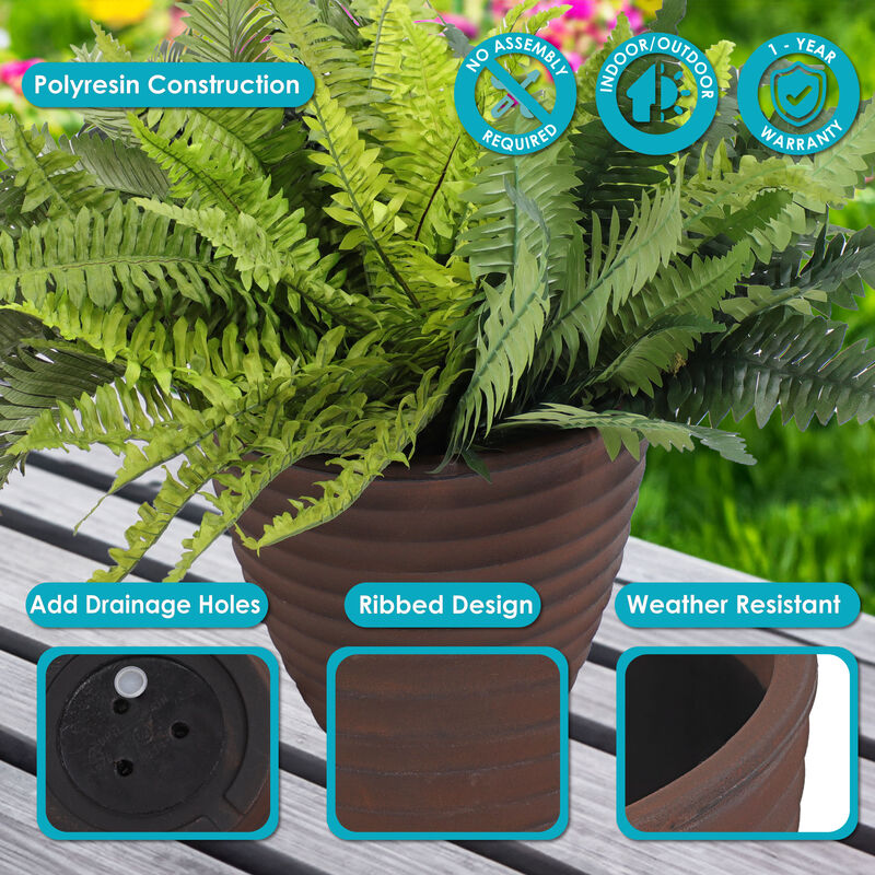 Sunnydaze 13 in Ribbed Polyresin Outdoor Planter - Rust - Set of 2