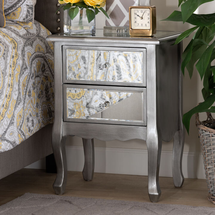 Baxton Studio Leonie Brushed Silver Finished Wood and Mirrored Glass 2 Drawer End Table