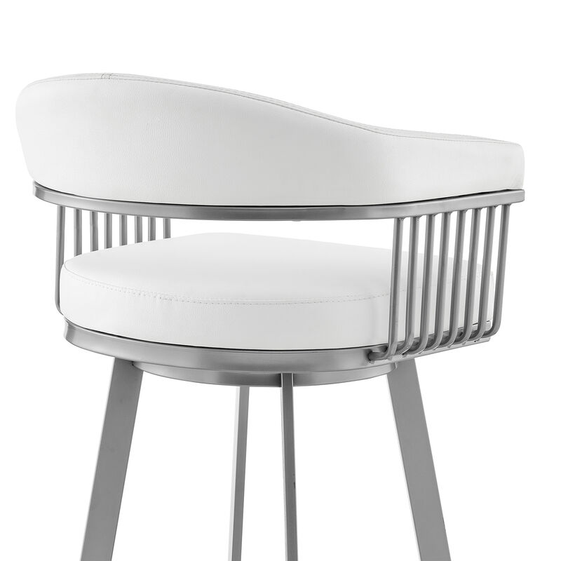 Bronson Bar Height Swivel Bar Stool in Silver finish and White Faux Leather