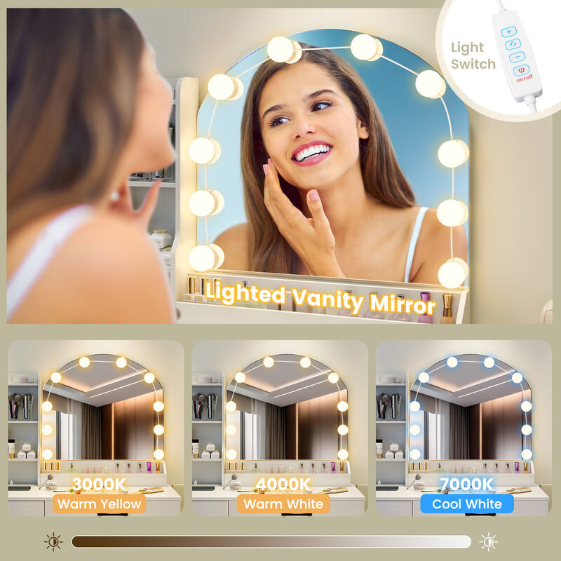 Makeup Vanity Desk Dressing Table and Stool Set with Mirror and Lights