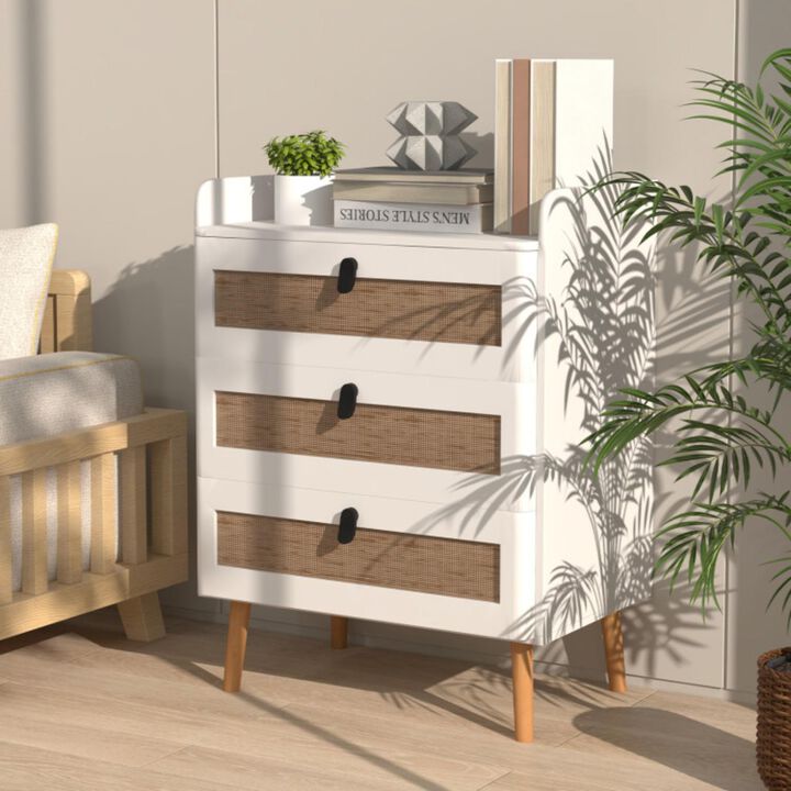 Hivvago Modern End Table with 3 Rattan Decorated Drawers-White