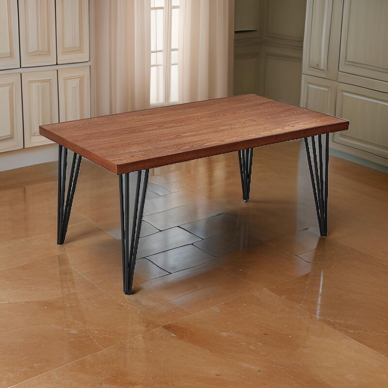 63 Inch Dining Table, Brown Rectangular Elm Veneer Top, Metal Black Legs - Benzara
