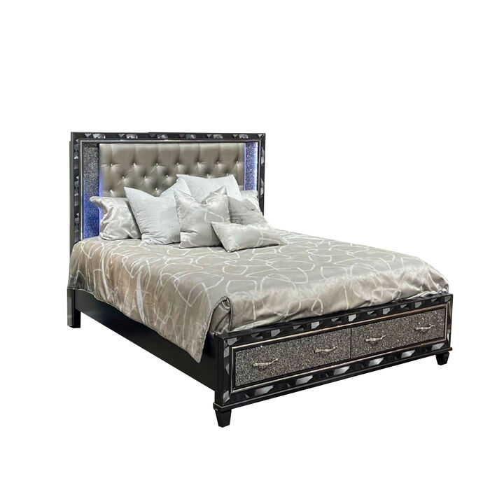 Bet King Bed, Silver Faux Leather Upholstery, LED, Crystal Accents, Black - Benzara