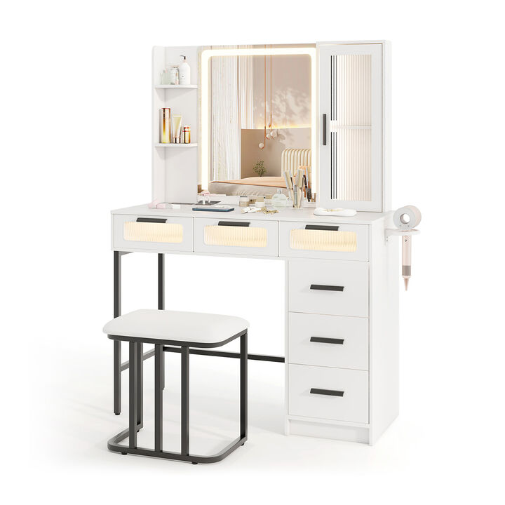 Makeup Vanity Desk with 3-Color Induction LED Lights and 6 Drawers-White Makeup Vanity Desk with 3-Color Induction LED Lights and 6 Drawers-White