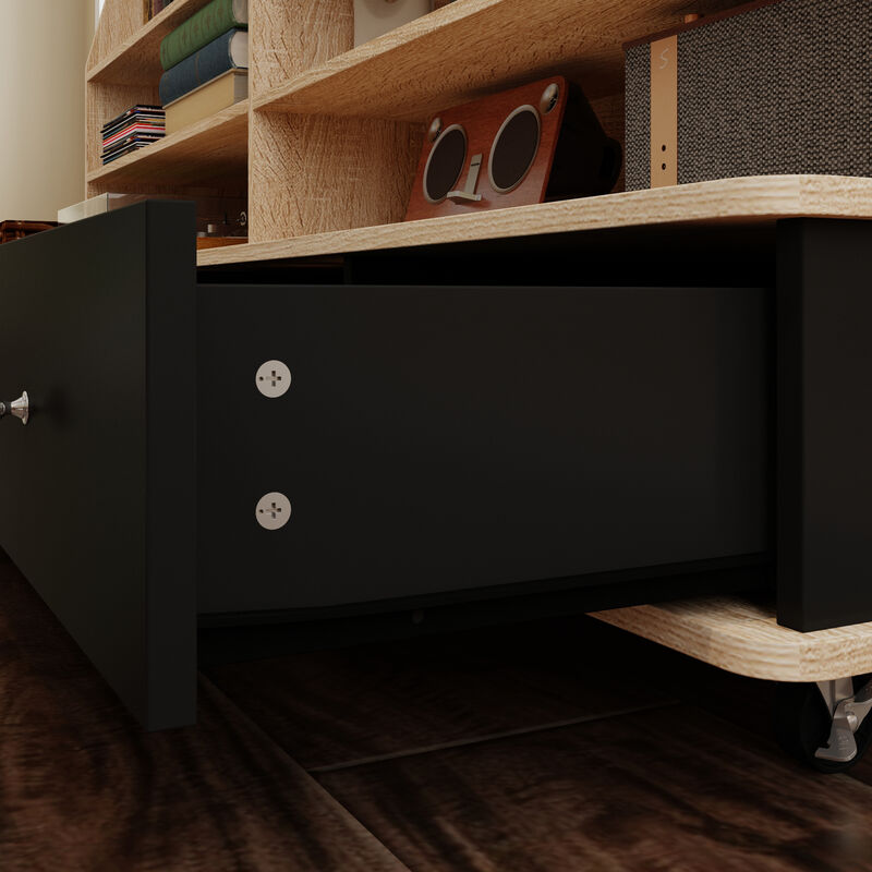 FUFU&GAGA Modern TV Stand with Storage and TV Mount, P2 MDF, with Black Drawers and Casters (70.1" W x 54.7" H x 15.7" D), Oak and Black