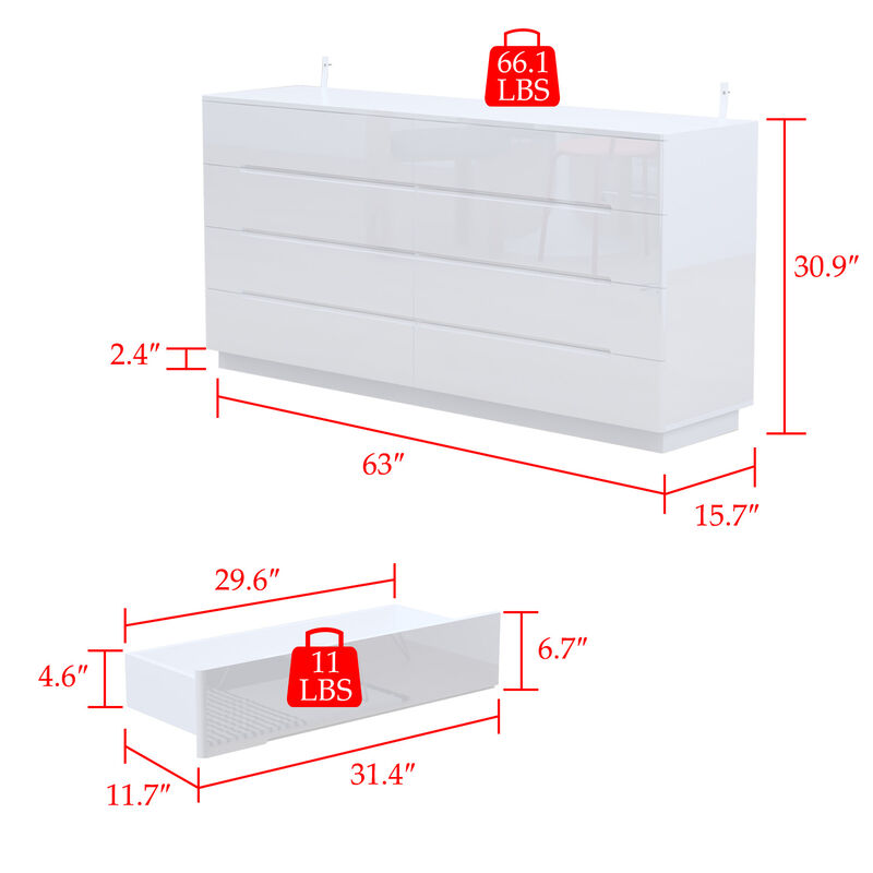 High Gloss White Wood 8-Drawer Chest of Drawers Storage Organizer With LED Lights (63 in. W x 30.9 in. H x 15.7 in. D)