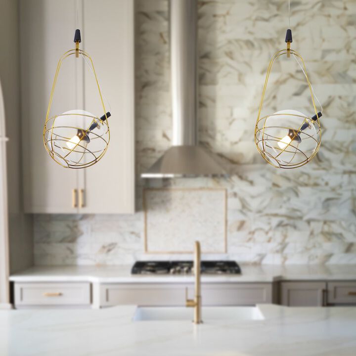 VONN Lighting Integrated LED Height Adjustable Pendant Light with Glass Shade in Antique Brass