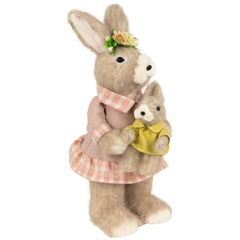 Mother Rabbit with Baby Bunny Easter Figure - 14.5" - Brown and Rose Pink