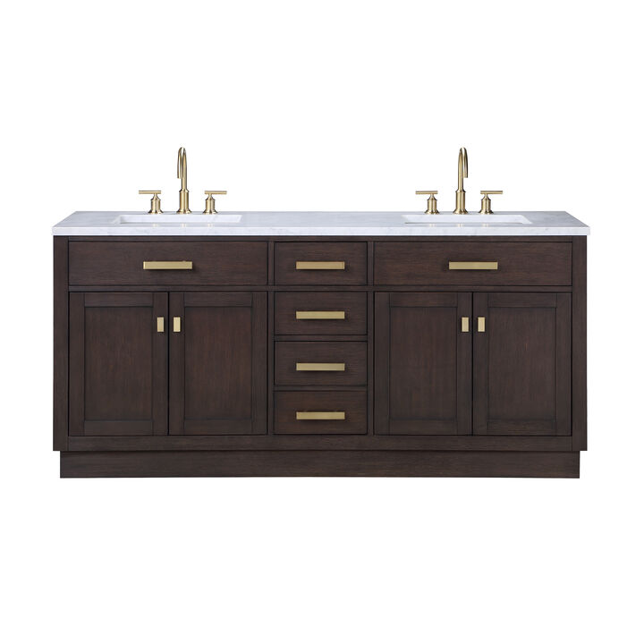 Chestnut 72 In. Double Sink Carrara White Marble Countertop Bath Vanity In Brown Oak with Satin Gold Hardware