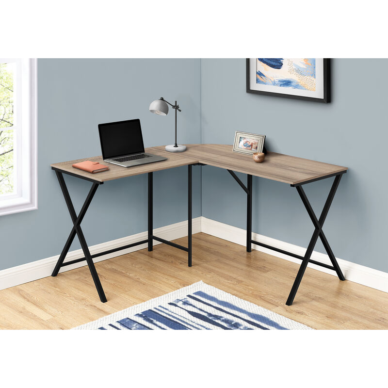Monarch Specialties I 7197 Computer Desk, Home Office, Corner, 55"L, L Shape, Work, Laptop, Metal, Laminate, Brown, Black, Contemporary, Modern