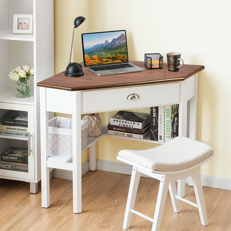 Costway Triangle Computer Desk Corner Office Desk Laptop Table w/ Drawer Shelves Rustic Natural &White