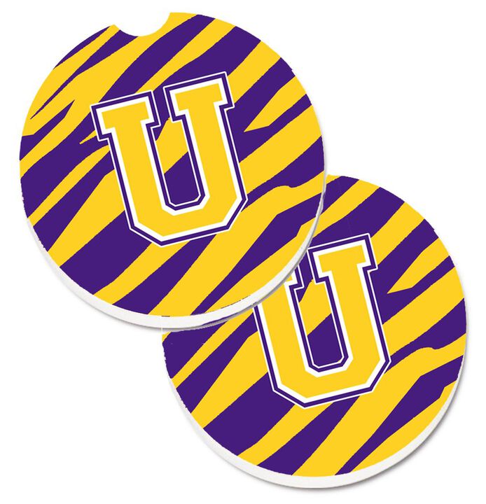 Caroline's Treasures Letter U Monogram - Tiger Stripe - Purple Gold Set of 2 Cup Holder Car Coasters CJ1022-UCARC, 2.56, Multicolor