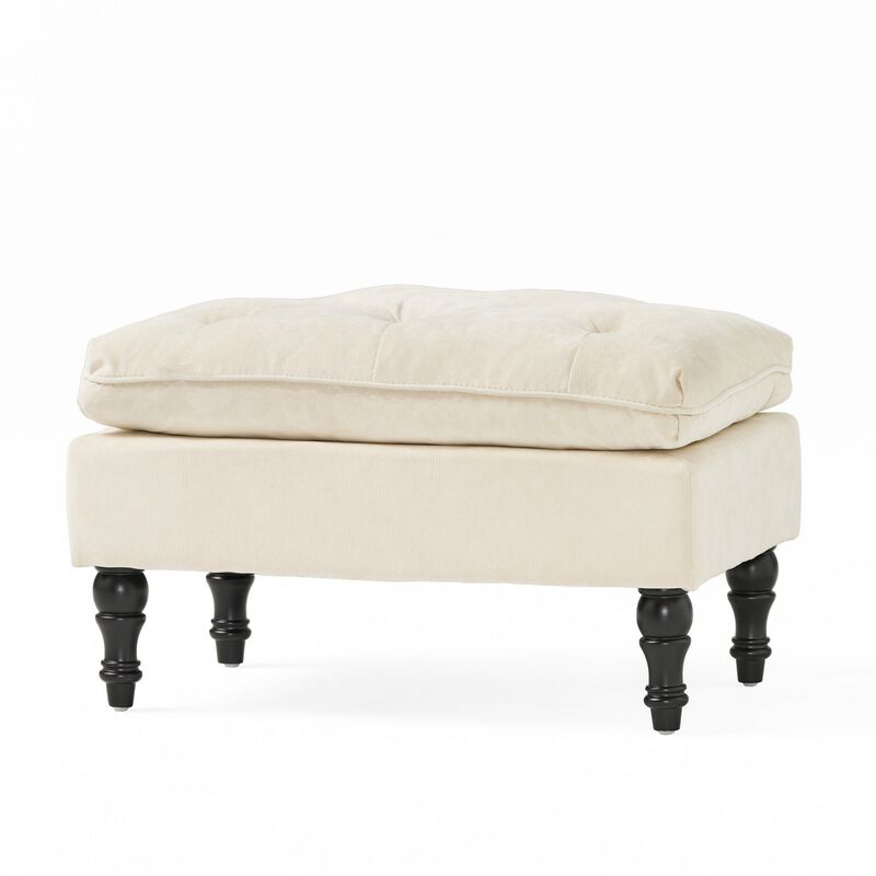 Ottoman, Pillow Top Cushion, 29x18 Rectangular Tufted Ivory Fabric - Benzara