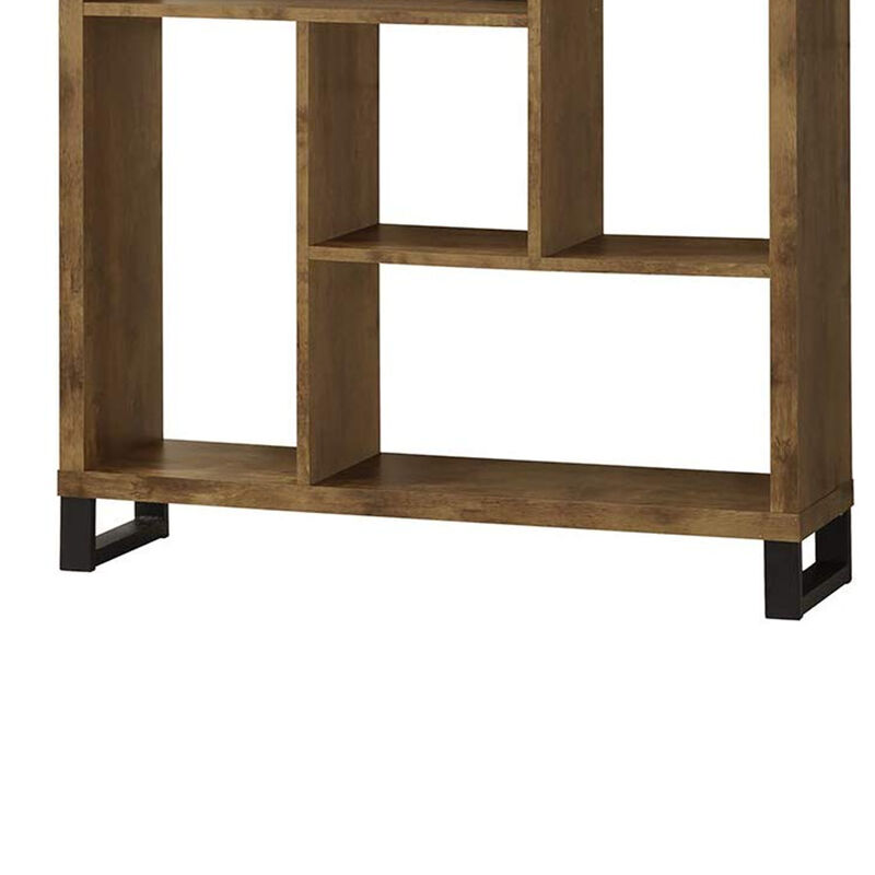 Metal and Wood Modern Style Bookcase with Multiple Shelves, Brown-Benzara