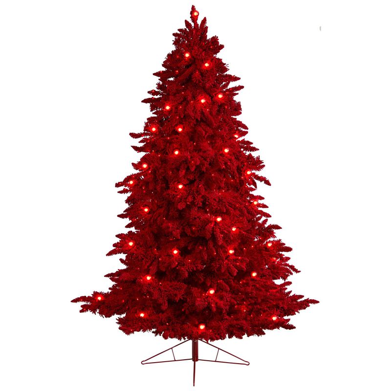 Nearly Natural 8-ft Red Flocked Fraser Fir Artificial Christmas Tree with 700 Red Lights, 45 Globe Bulbs and 1468 Bendable Branches