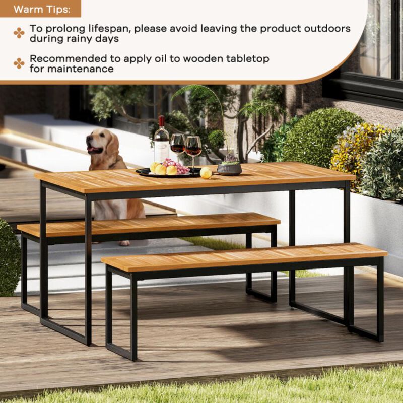 Hivvago Patio Dining Bench Backless with Slatted Seat and Metal Legs