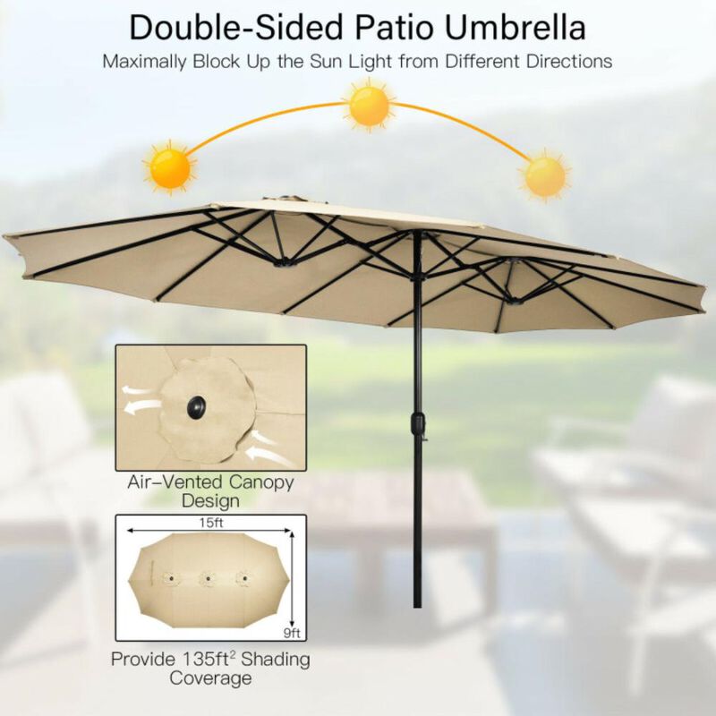 Hivvago 15 Feet Double-Sided Twin Patio Umbrella with Crank and Base
