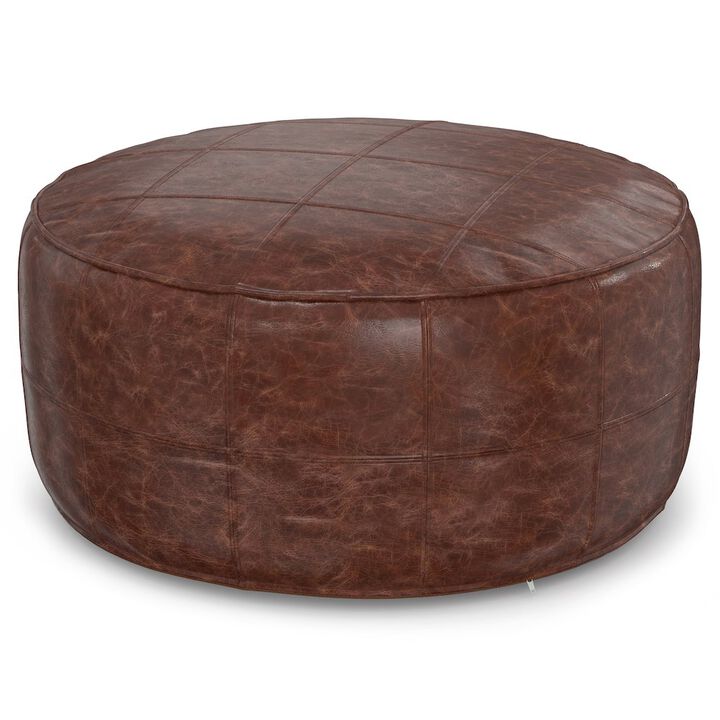 Simpli Home Connor 34 Inch Round Coffee Table Pouf In Distressed Brown Genuine Leather