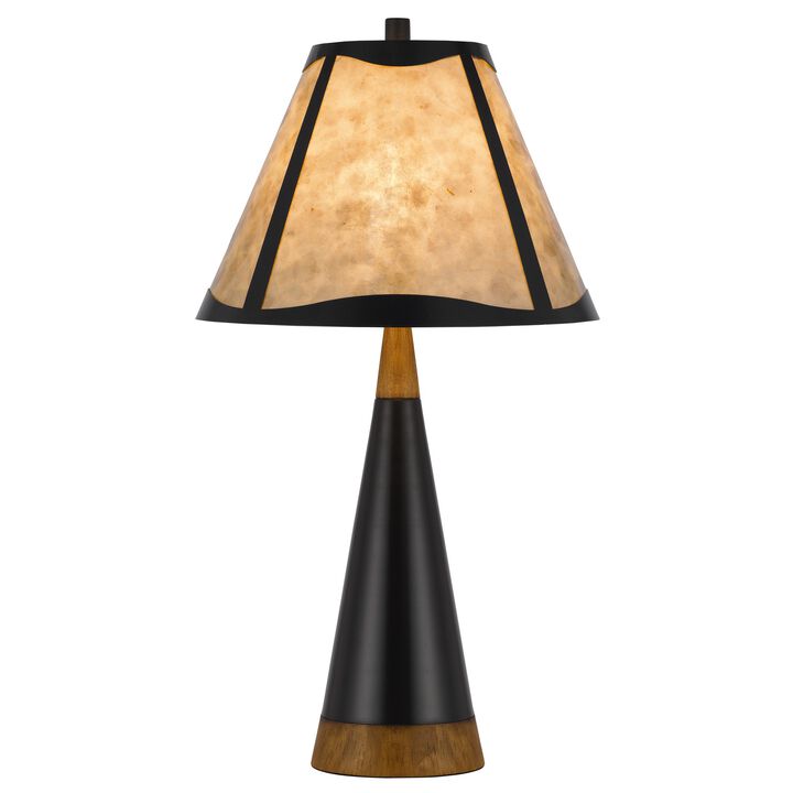 30 Inch 3 Way Table Lamp, Beige Mica Shade, Rubberwood and Black Metal Body-Benzara